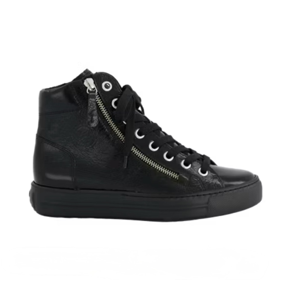 Black Patent Leather High-top Sneakers with Zipper.  US sizes